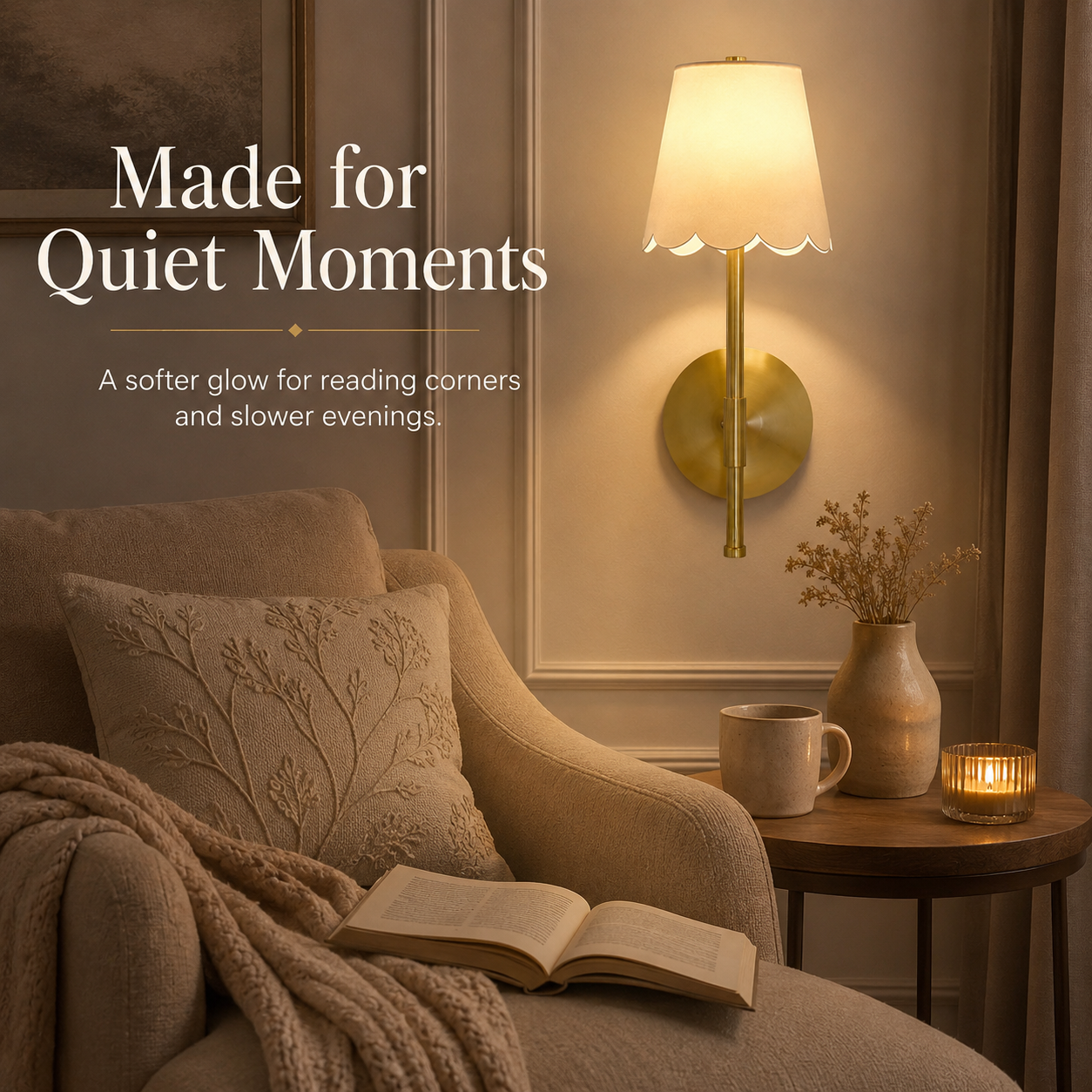 Cordless brass scalloped wall sconce creating soft light in a quiet reading corner