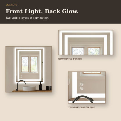 Viva Elite bathroom mirror front light, back glow, and touch-control details