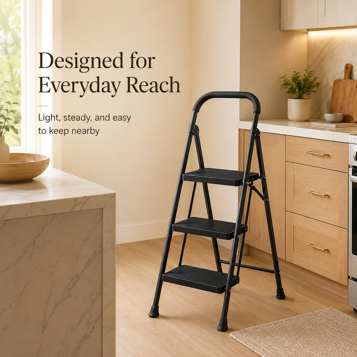 Matte black three-step folding ladder in a warm modern kitchen
