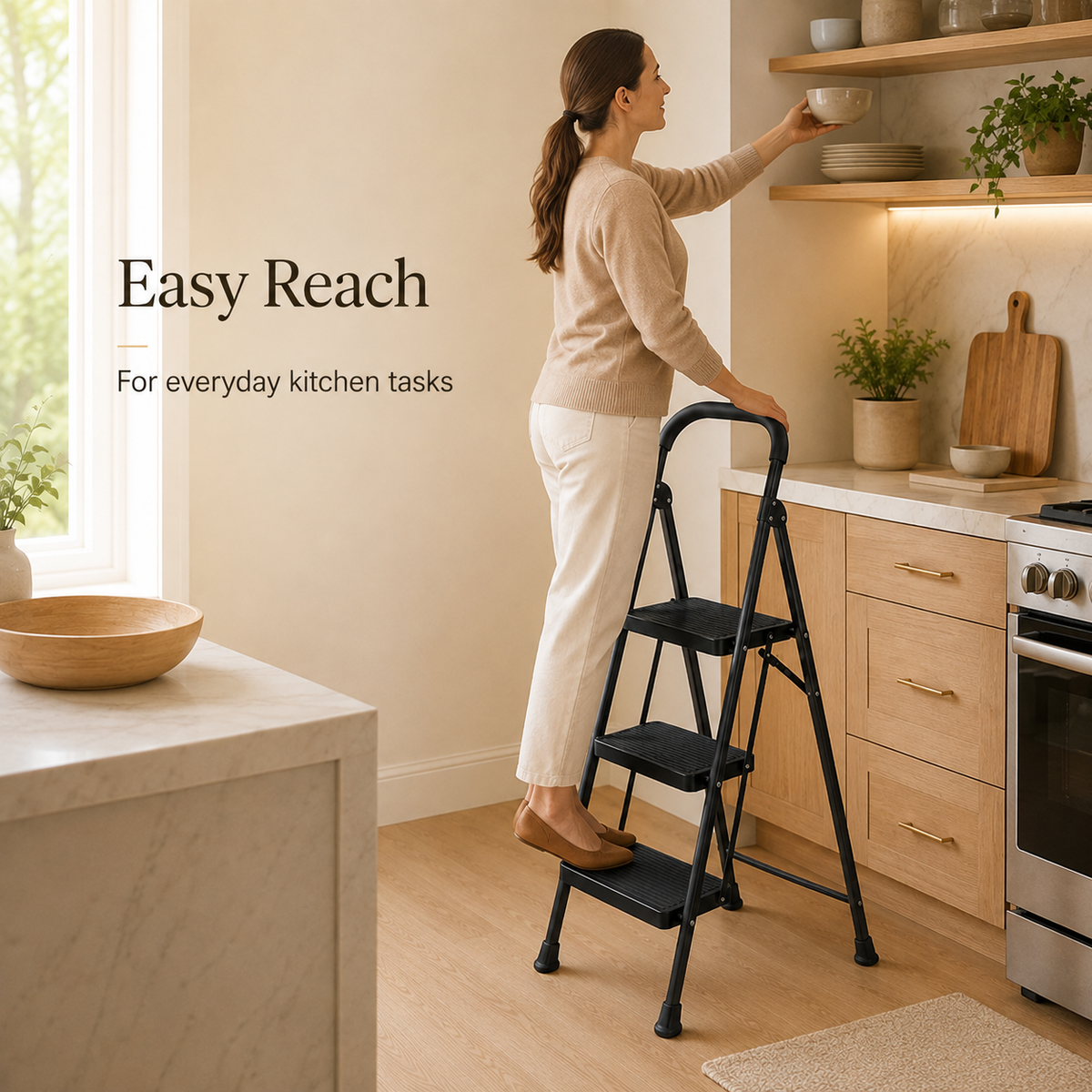 Woman using a matte black three-step folding ladder in a kitchen