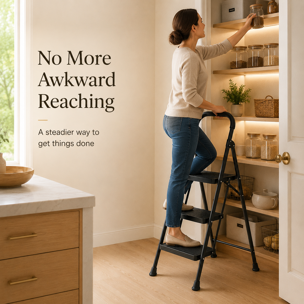Woman reaching a pantry shelf with a matte black three-step folding ladder