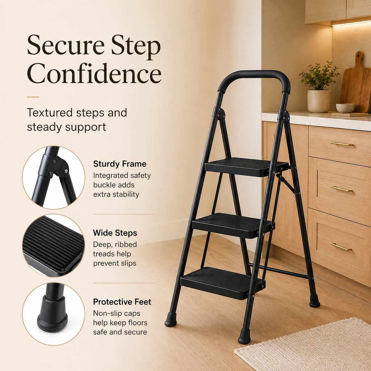 Matte black three-step folding ladder with step, frame, and foot detail callouts
