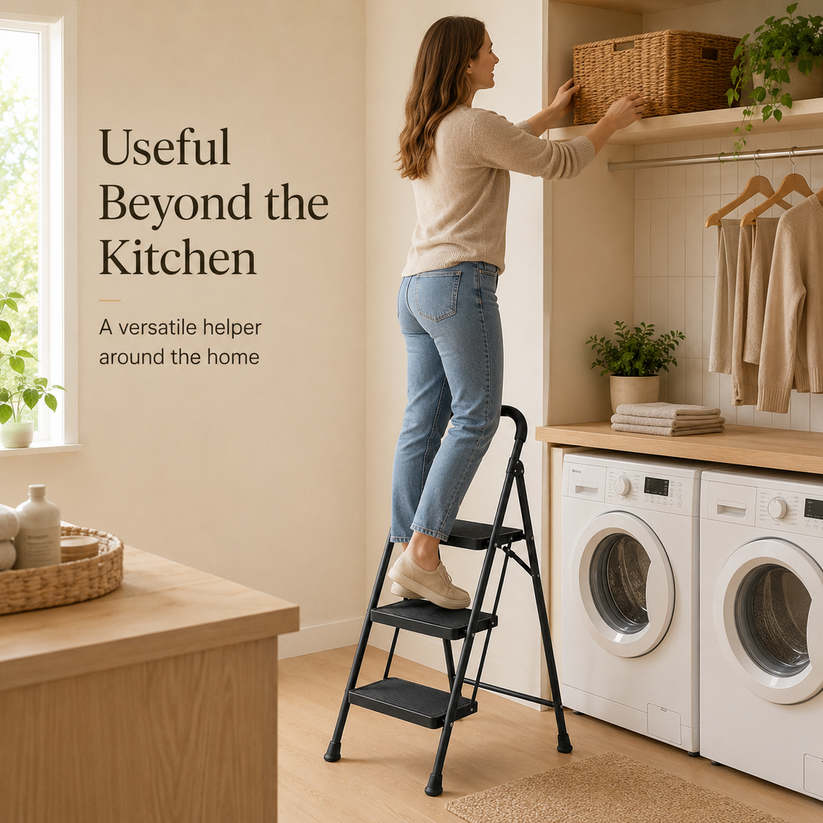 Woman using a matte black three-step folding ladder in a laundry room