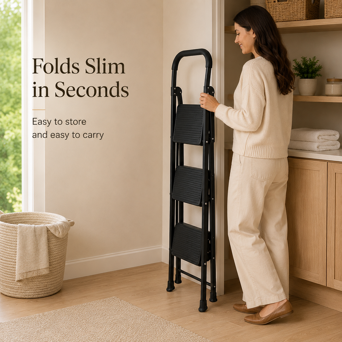 Folded matte black three-step ladder stored slim beside a cabinet