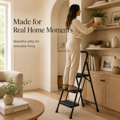 Woman styling home shelves with a matte black three-step folding ladder