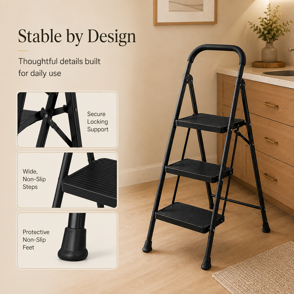 Matte black three-step folding ladder with locking support, non-slip steps, and protective feet