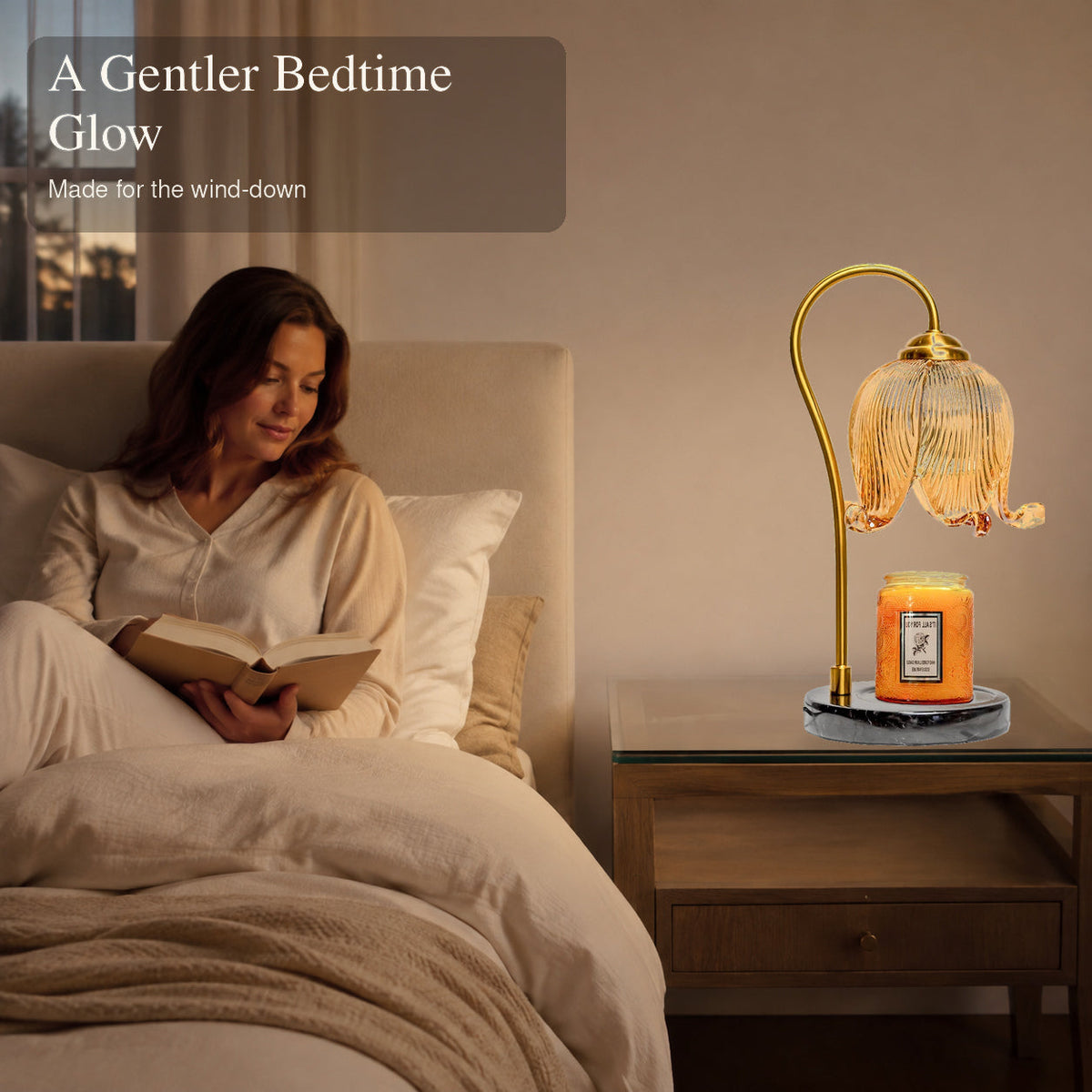 Woman reading beside a French tulip candle warmer lamp at bedtime