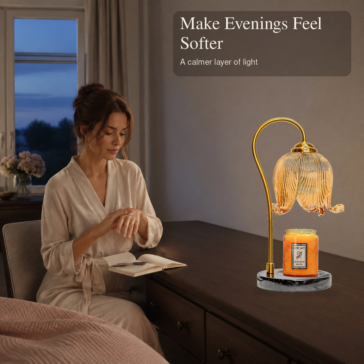 French tulip candle warmer lamp creating a softer evening atmosphere
