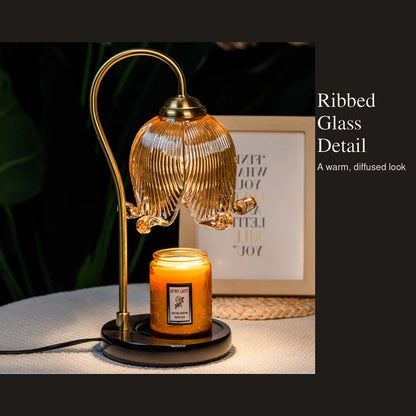 Close view of the ribbed glass shade on a French tulip candle warmer lamp