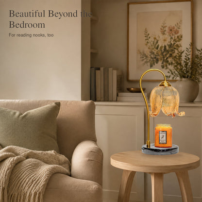 French tulip candle warmer lamp styled in a cozy reading nook