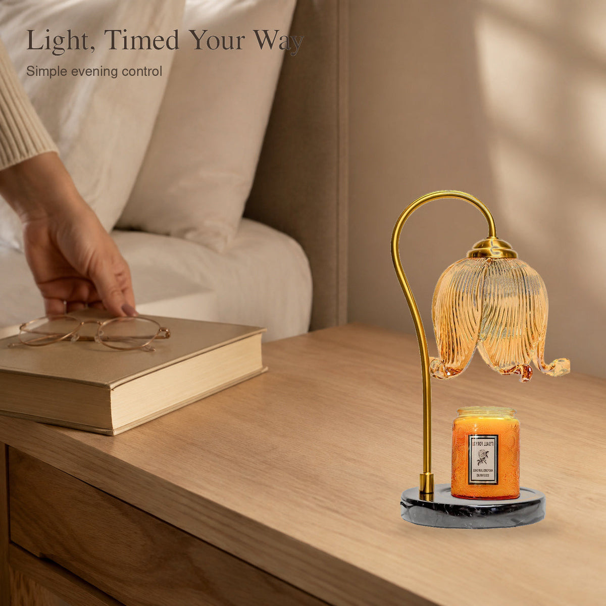 French tulip candle warmer lamp on a bedside table with timed control message