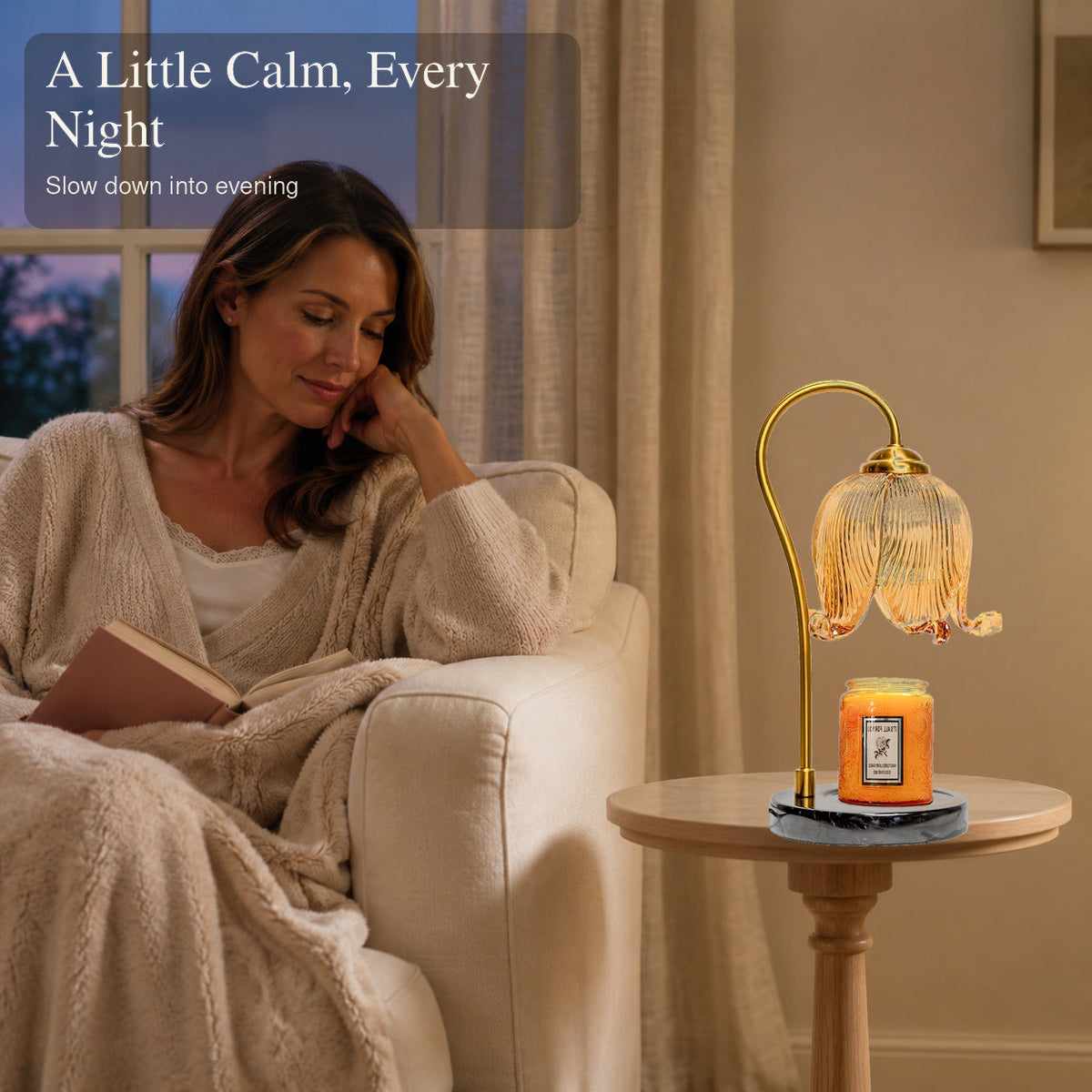 Woman relaxing beside a French tulip candle warmer lamp in the evening