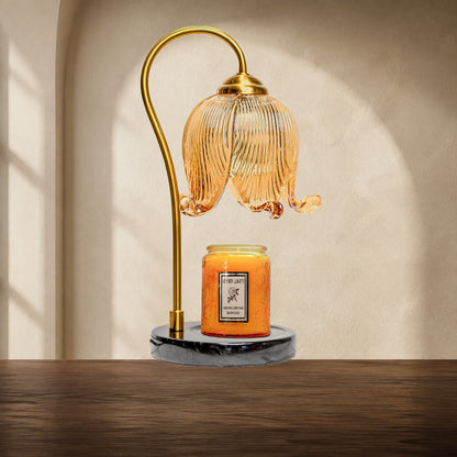 Full view of French tulip candle warmer lamp with gold arm and black round base