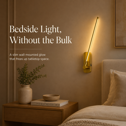 Gold rechargeable swing-arm wall sconce used as slim bedside lighting