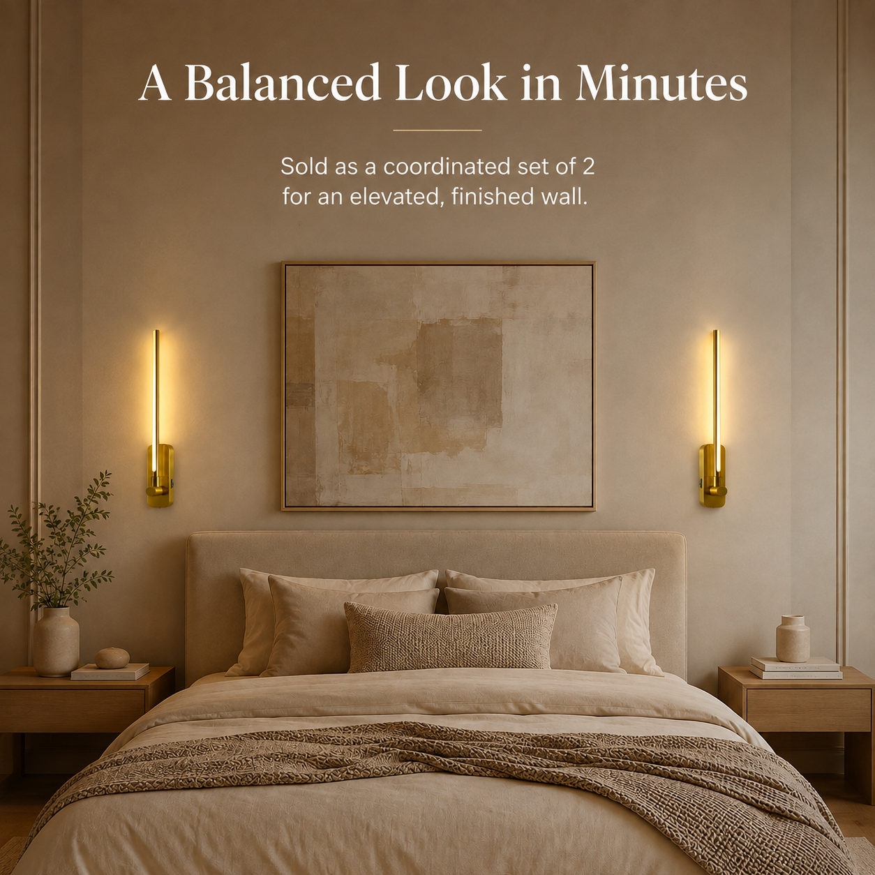Set of two gold rechargeable wall sconces creating balanced bedroom lighting
