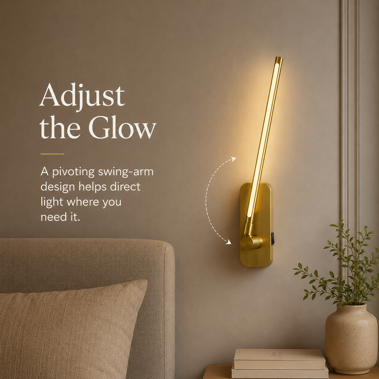 Adjustable gold swing-arm wall sconce directing light beside a bed