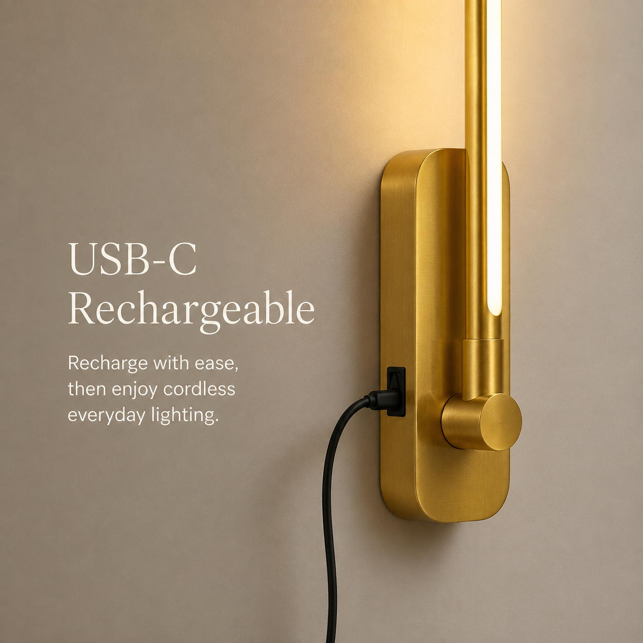 Gold rechargeable wall sconce shown with charging connection detail