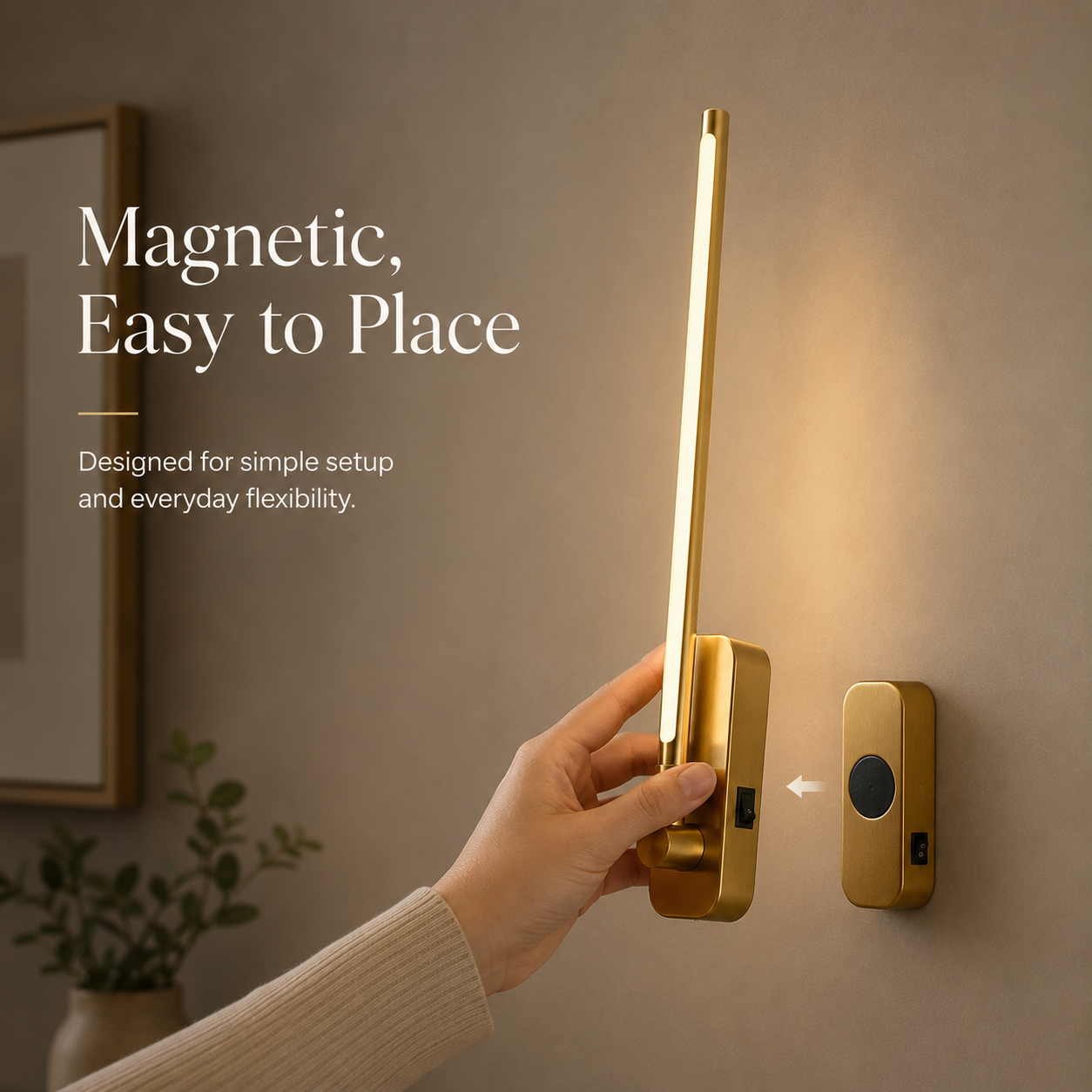 Gold rechargeable wall sconce with magnetic mounting for easy placement
