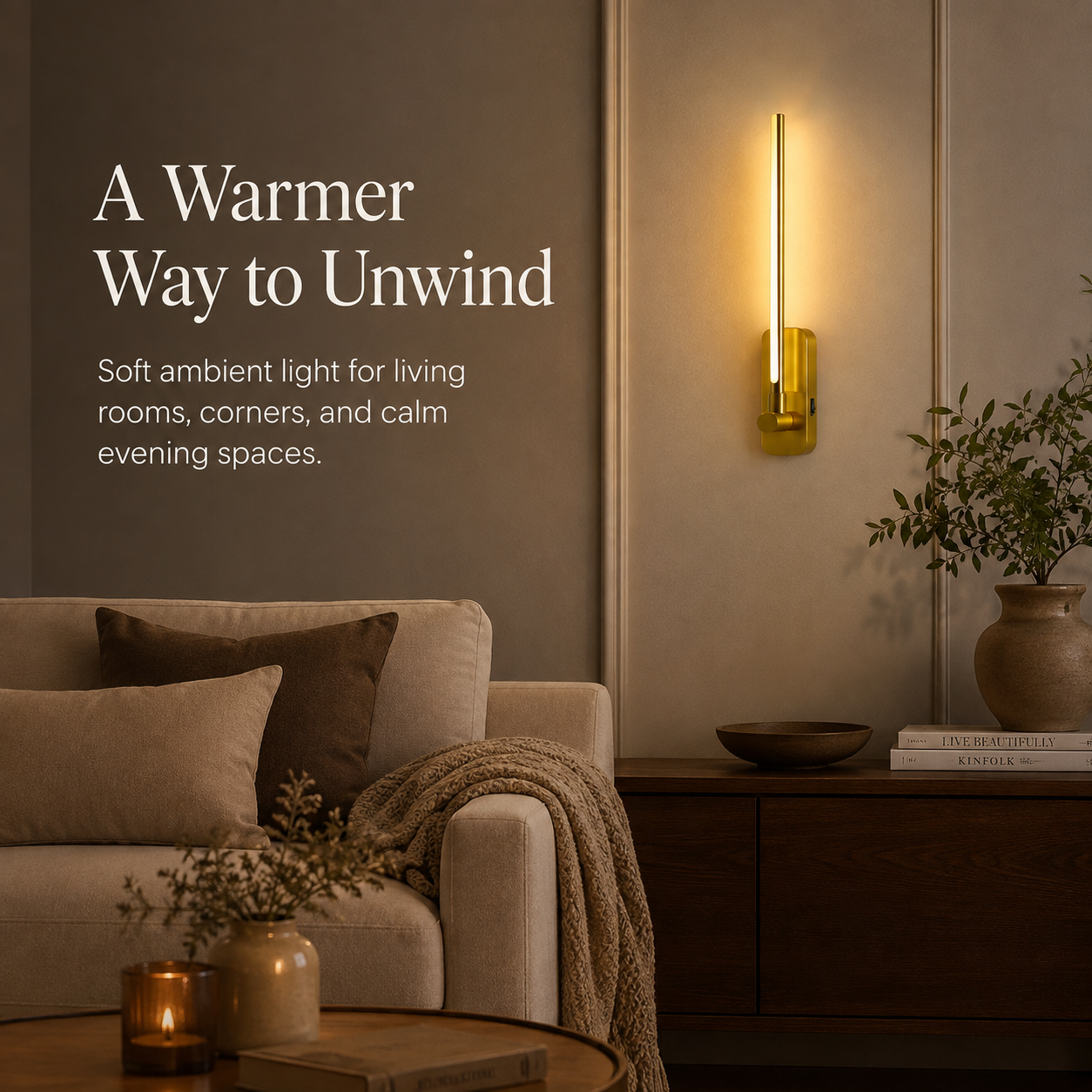 Gold rechargeable swing-arm wall sconce adding warm ambient light to a living room