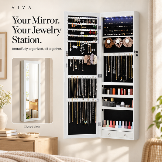 Open white jewelry armoire with organized jewelry storage in a warm bedroom, with an inset showing the closed mirror.