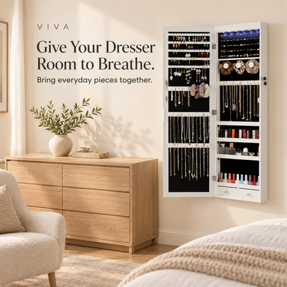 Open wall-mounted white jewelry cabinet beside an oak dresser with a clear, neatly styled surface.