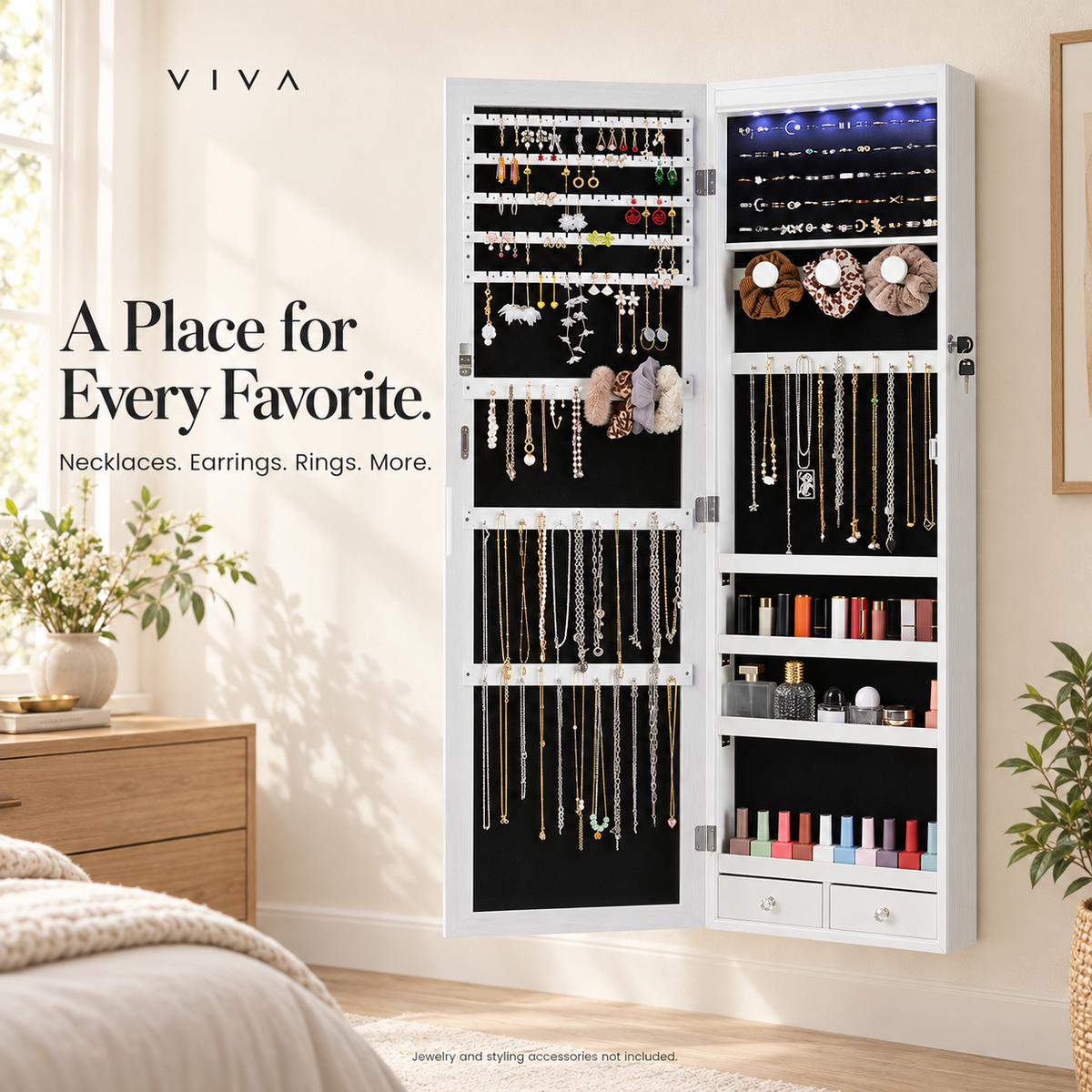 Open white jewelry armoire displaying earring rails, necklace hooks, ring storage, shelves and two lower drawers.