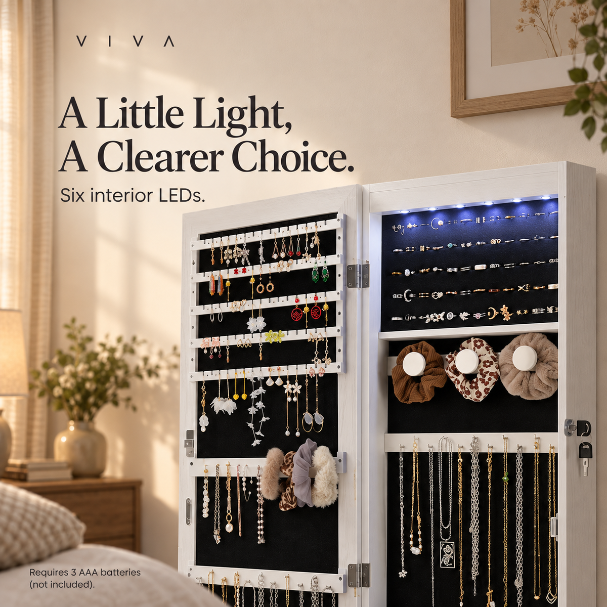 Close-up of six interior LEDs above the jewelry cabinet's ring storage and earring organizer.