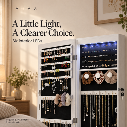 Close-up of six interior LEDs above the jewelry cabinet's ring storage and earring organizer.
