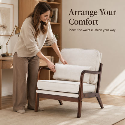 Woman repositioning the separate waist cushion on the beige accent chair