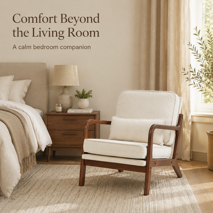 Beige mid-century accent chair styled in a calm neutral bedroom