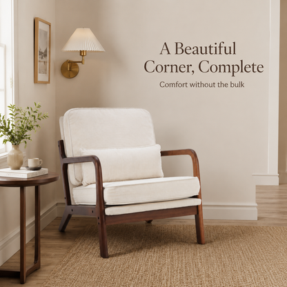 Beige mid-century accent chair creating a comfortable compact apartment corner