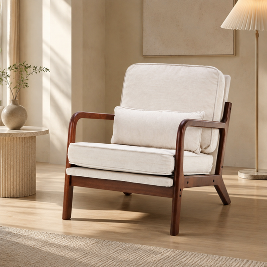 Beige mid-century accent chair with walnut wood frame in a warm modern living room
