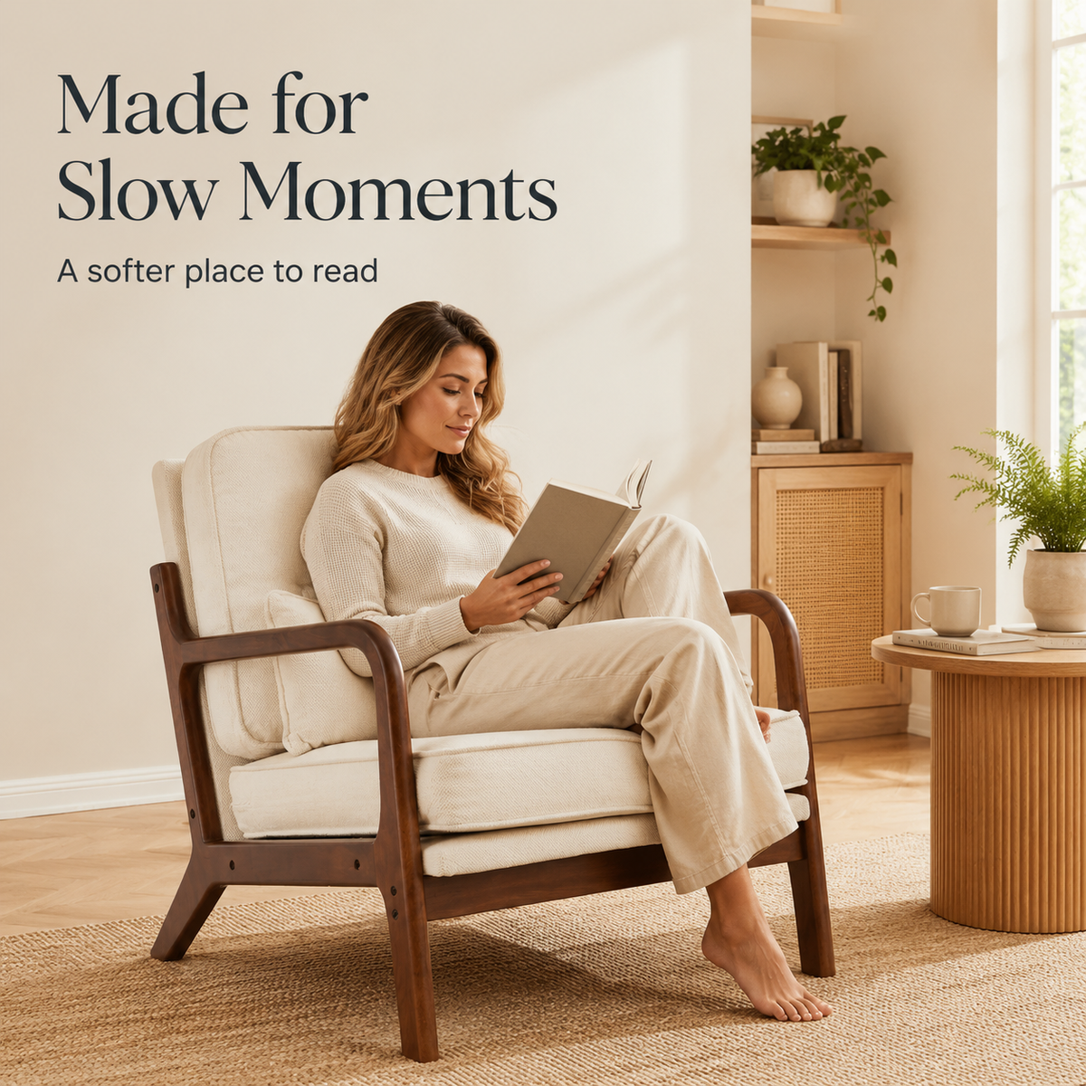 Woman reading in the beige mid-century accent chair with waist cushion