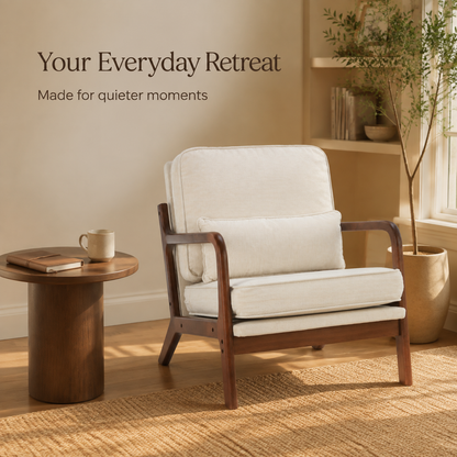 Beige mid-century accent chair in a quiet sunlit reading retreat