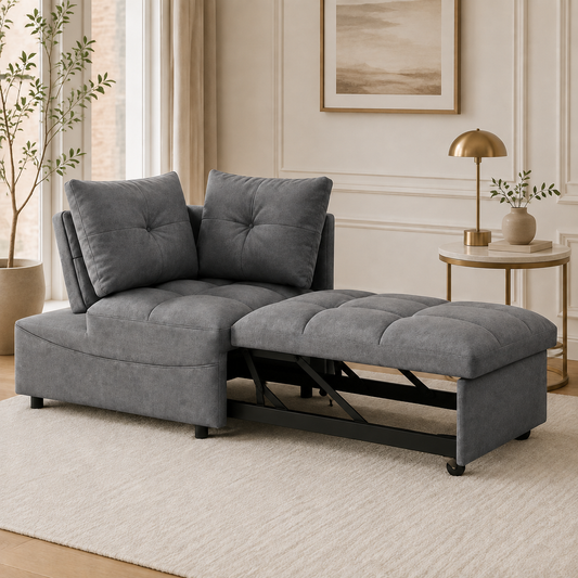 Grey convertible sofa bed open in a warm modern living room