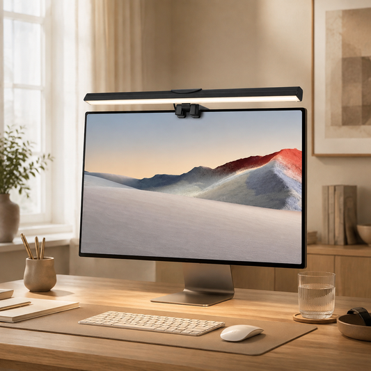 USB monitor light bar in a refined home office setup