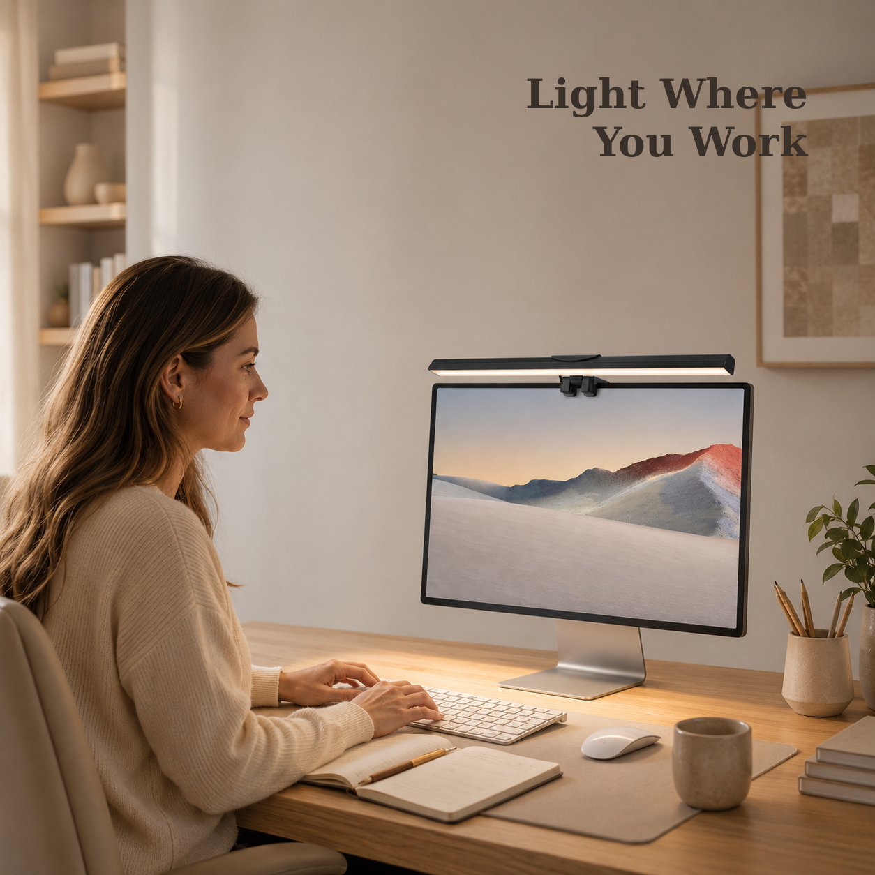 USB monitor light bar illuminating a modern workspace