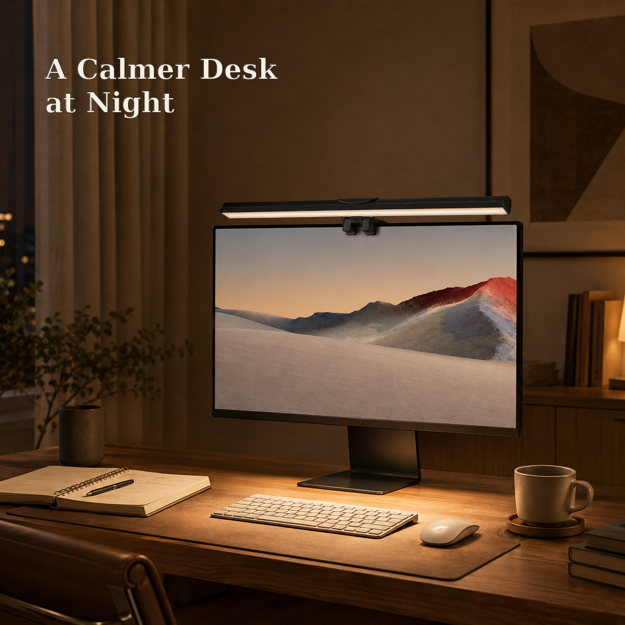 Monitor light bar creating a calmer desk at night