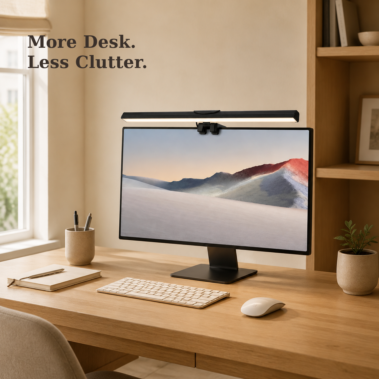 Space-saving monitor light bar above a clean desk