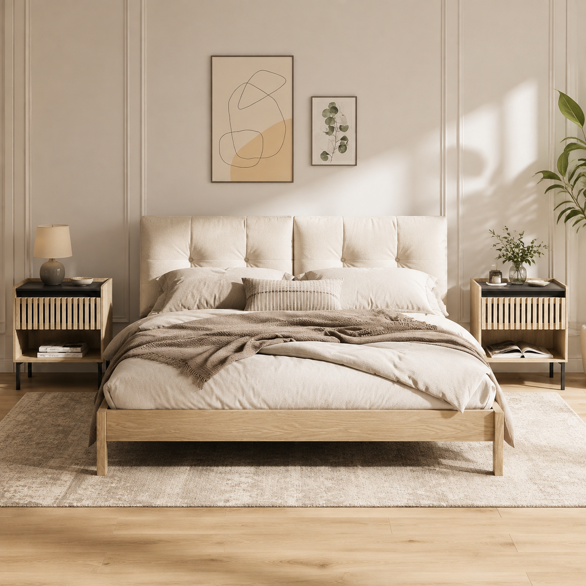 Natural Black nightstand set of 2 in a warm modern bedroom