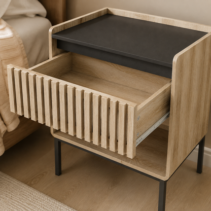 Natural Black nightstand drawer and fluted front detail