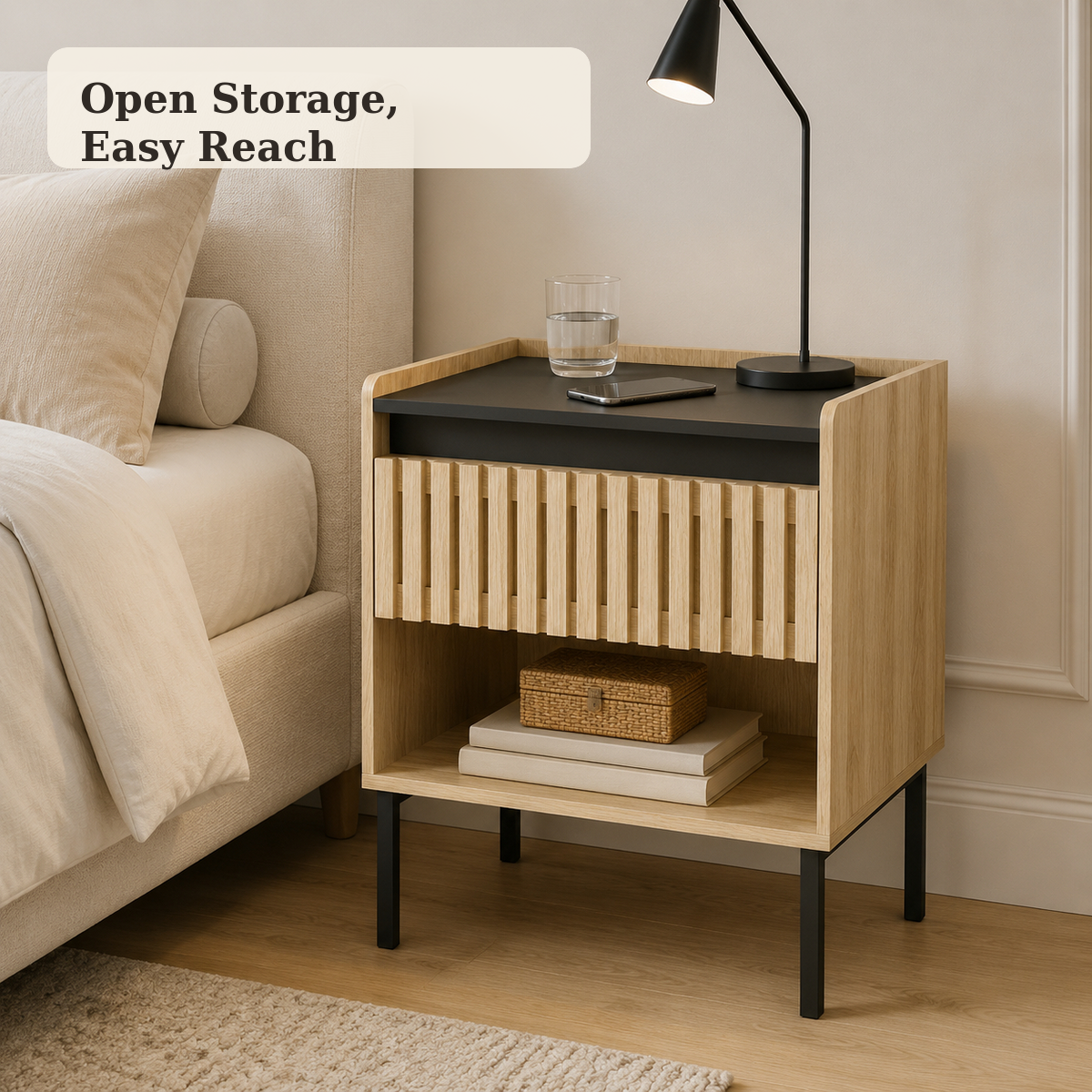 Nightstand open storage for easy access