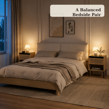 Balanced pair of Natural Black nightstands beside a bed