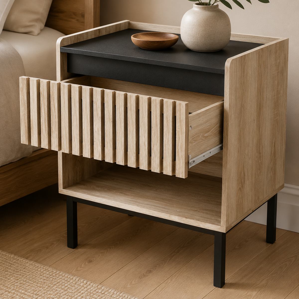 Natural Black nightstand construction and metal leg detail