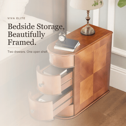 Viva Elite Brown two-drawer nightstand hero graphic using original Shopify product image