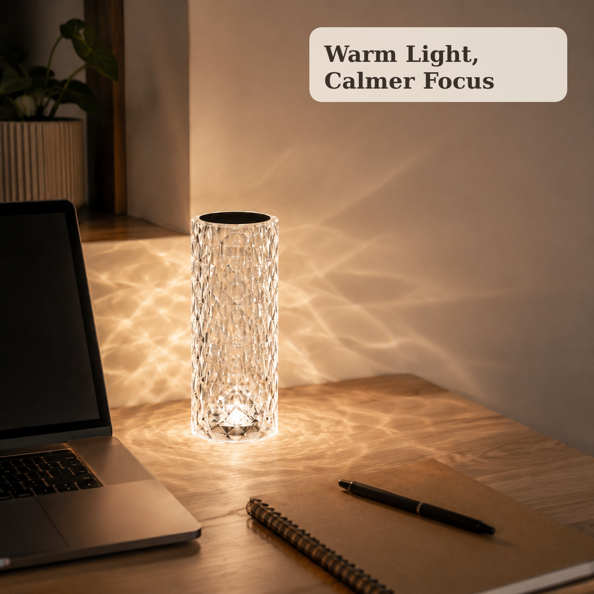 Viva Elite Nordic crystal projector lamp adding warm ambient light to a home office