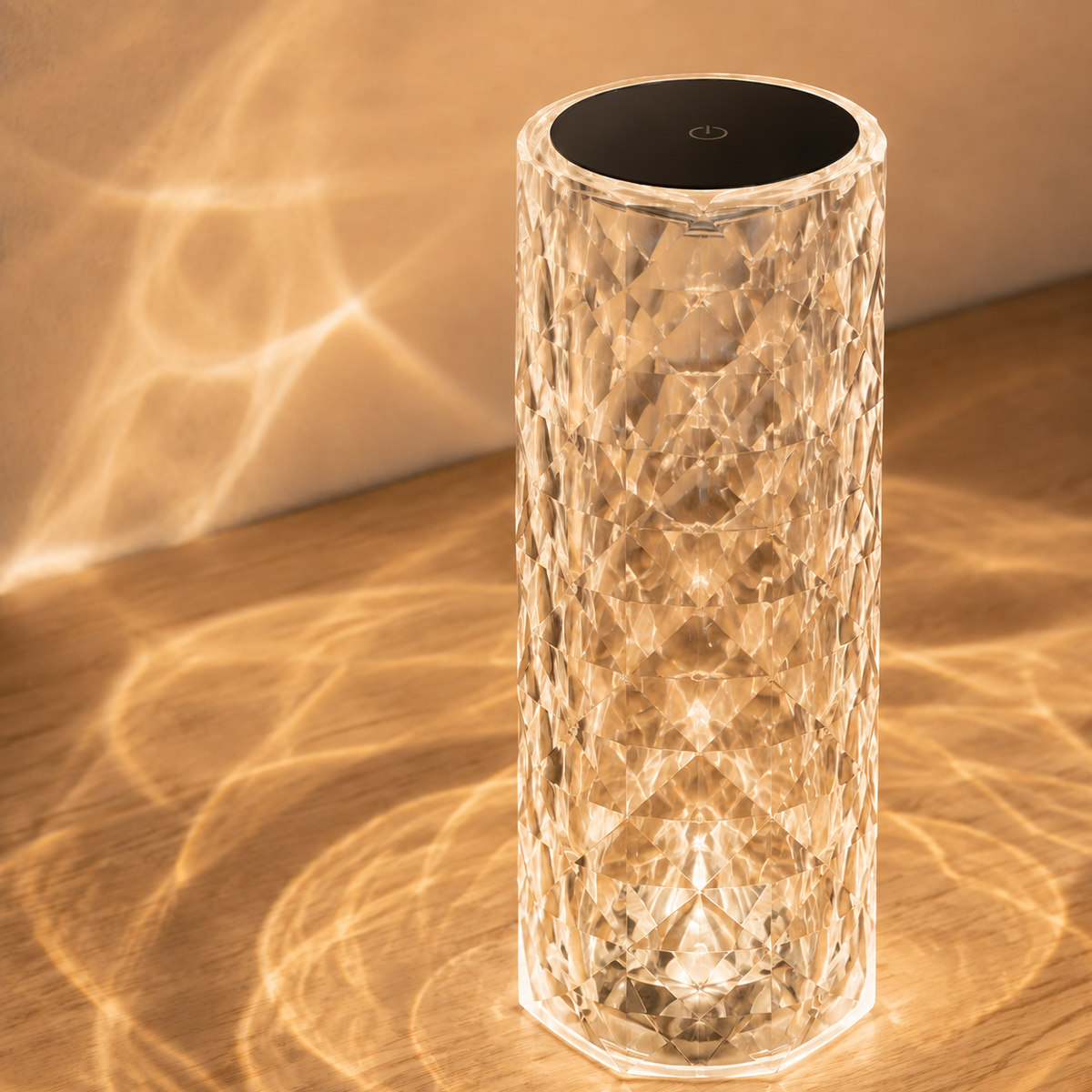 Close-up of faceted body and touch control on Viva Elite Nordic crystal projector lamp