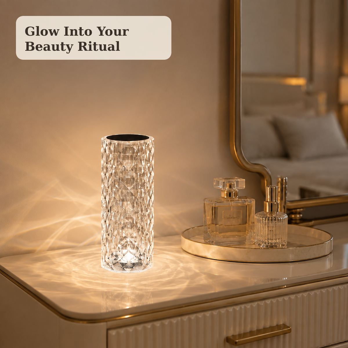 Viva Elite Nordic crystal projector lamp on a warm premium vanity table