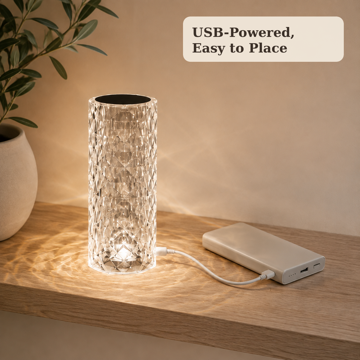 USB-powered Viva Elite Nordic crystal projector lamp connected to a power bank