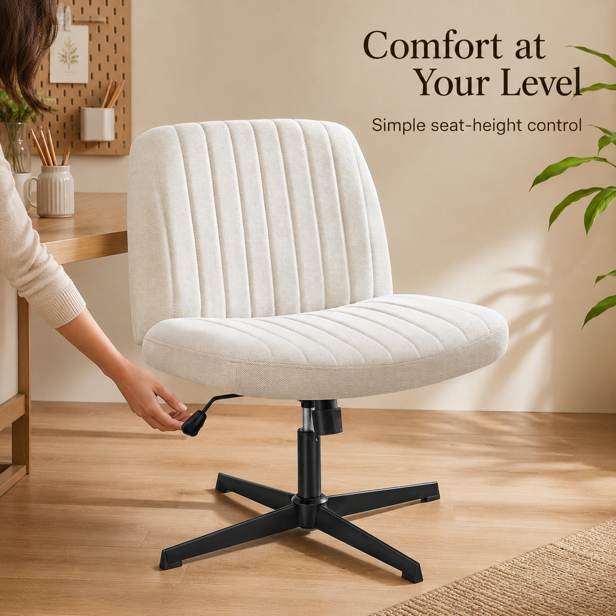 White Viva Oslo chair with hand using the seat-height adjustment control